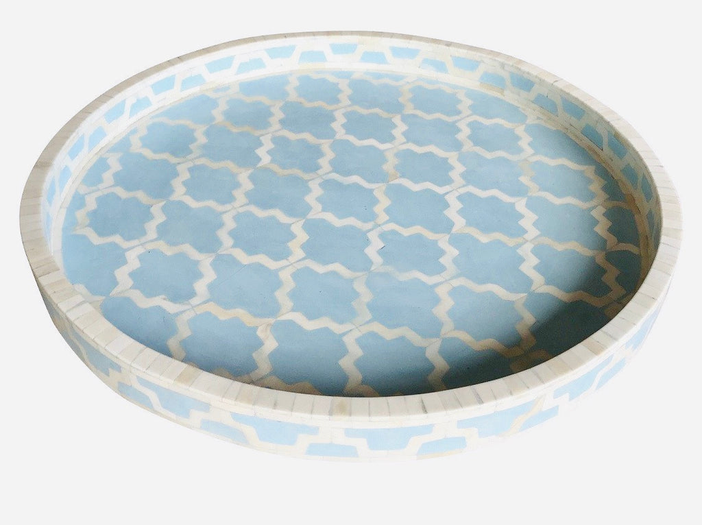 Ice Blue Large Round Moroccan Pattern Inlay Tray