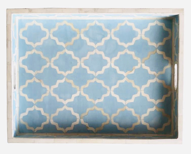 Ice Blue Rectangle Moroccan Pattern Inlay Tray