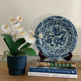 Blue and White Ceramic Dragon Plate (with stand)
