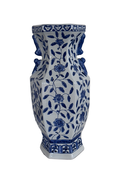 Traditional Blue and White Ceramic Floral Design Vase