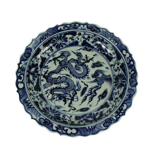 Blue and White Ceramic Dragon Plate (with stand)