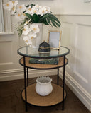 Round Glass Top Rattan Side Table (Black)