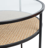 Round Glass Top Rattan Side Table (Black)